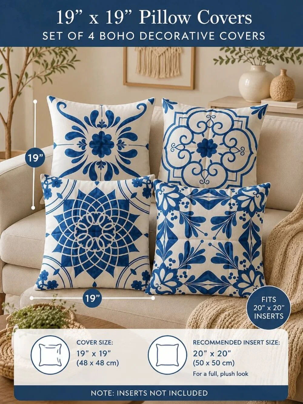 Blue Floral Throw Pillow Covers Set of 4 19x19 Linen Decorative Cushion Covers